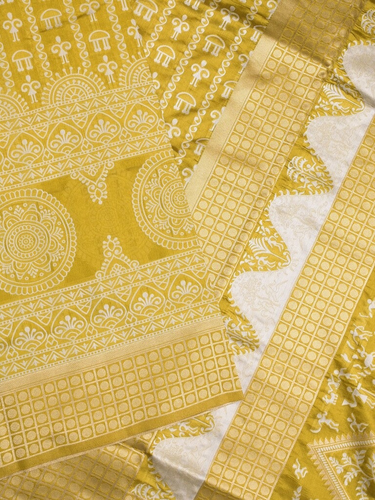 Dupion fancy saree yellow color allover prints & zari border with rich pallu and attached plain blouse