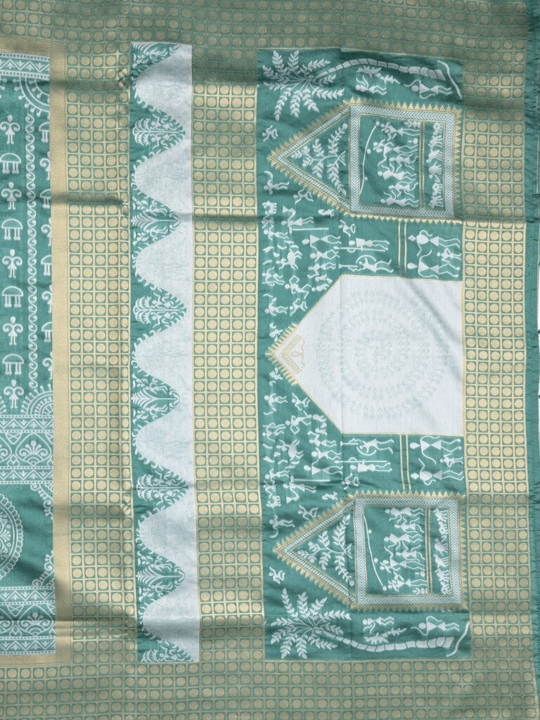 Dupion fancy saree peacock blue color allover prints & zari border with rich pallu and attached plain blouse