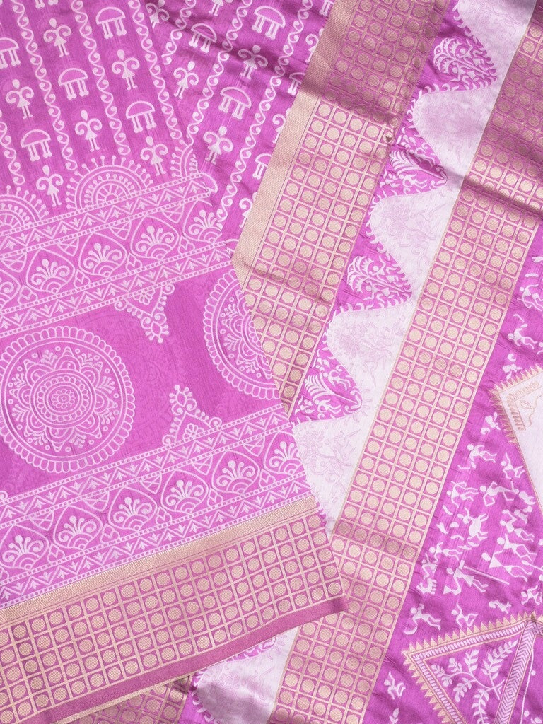 Dupion fancy saree purple color allover prints & zari border with rich pallu and attached plain blouse