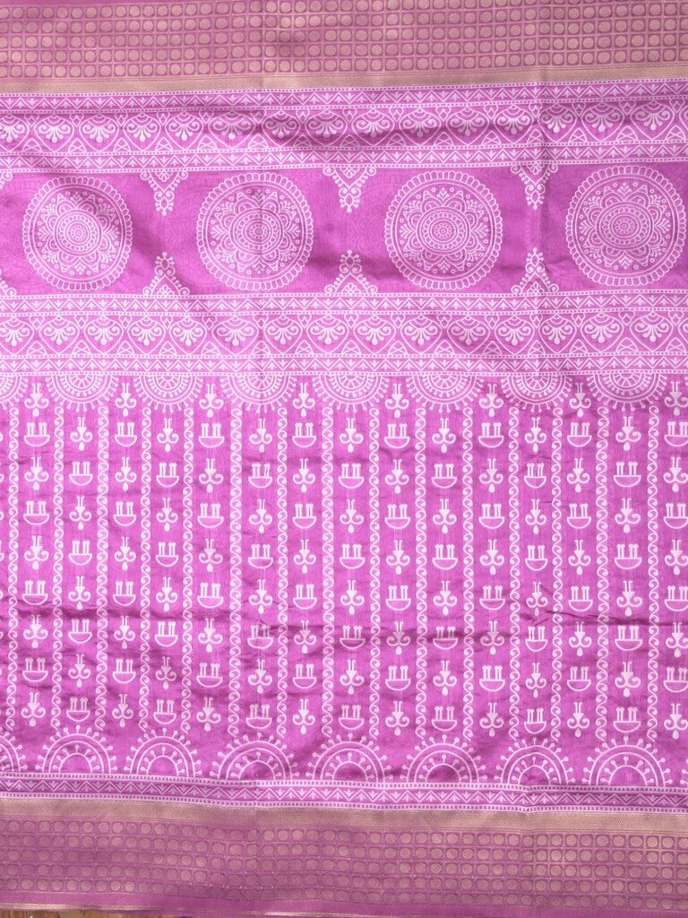 Dupion fancy saree purple color allover prints & zari border with rich pallu and attached plain blouse