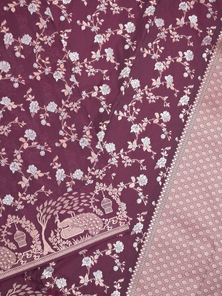 Raw mango fancy saree wine color allover zari weaves & zari border with zari border and attached plain blouse