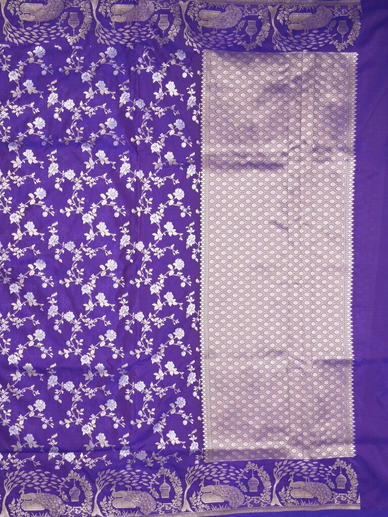 Raw mango fancy saree violet color allover zari weaves & zari border with zari border and attached plain blouse