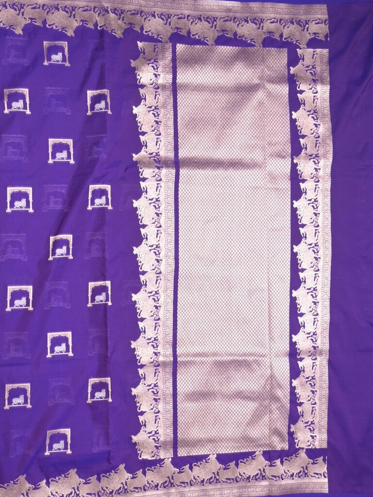 Raw mango fancy saree blue color allover zari weaves & zari border with zari border and attached blouse