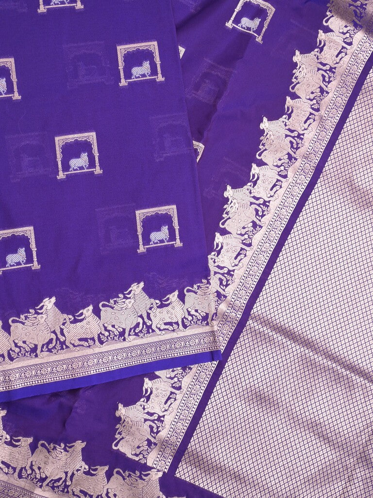 Raw mango fancy saree blue color allover zari weaves & zari border with zari border and attached blouse