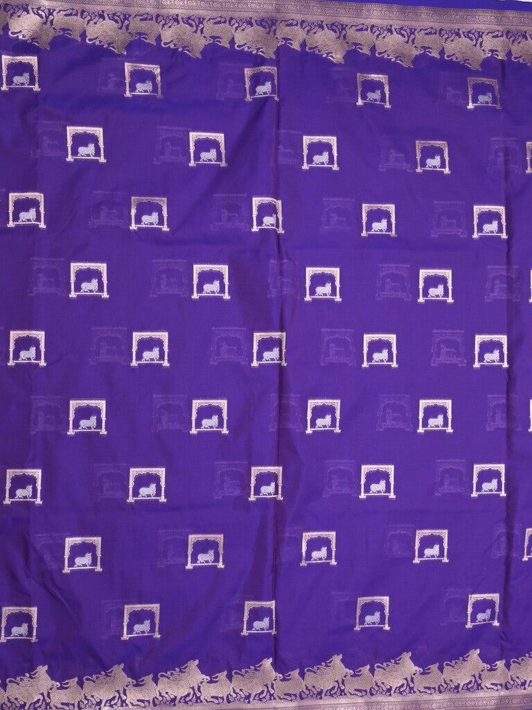 Raw mango fancy saree blue color allover zari weaves & zari border with zari border and attached blouse