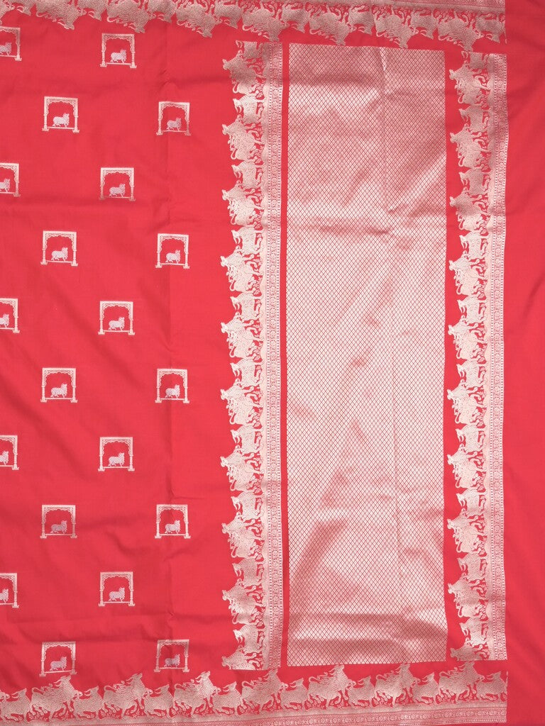 Raw mango fancy saree red color allover zari weaves & zari border with zari border and attached blouse