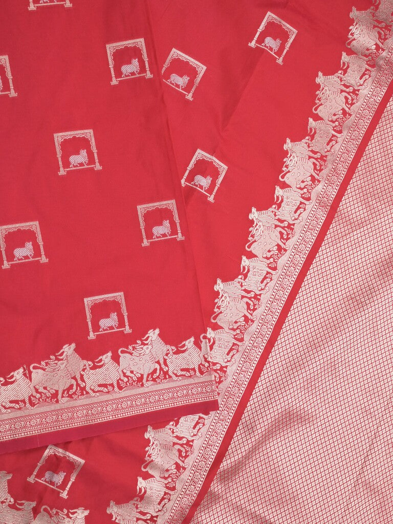 Raw mango fancy saree red color allover zari weaves & zari border with zari border and attached blouse