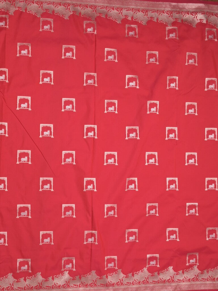 Raw mango fancy saree red color allover zari weaves & zari border with zari border and attached blouse