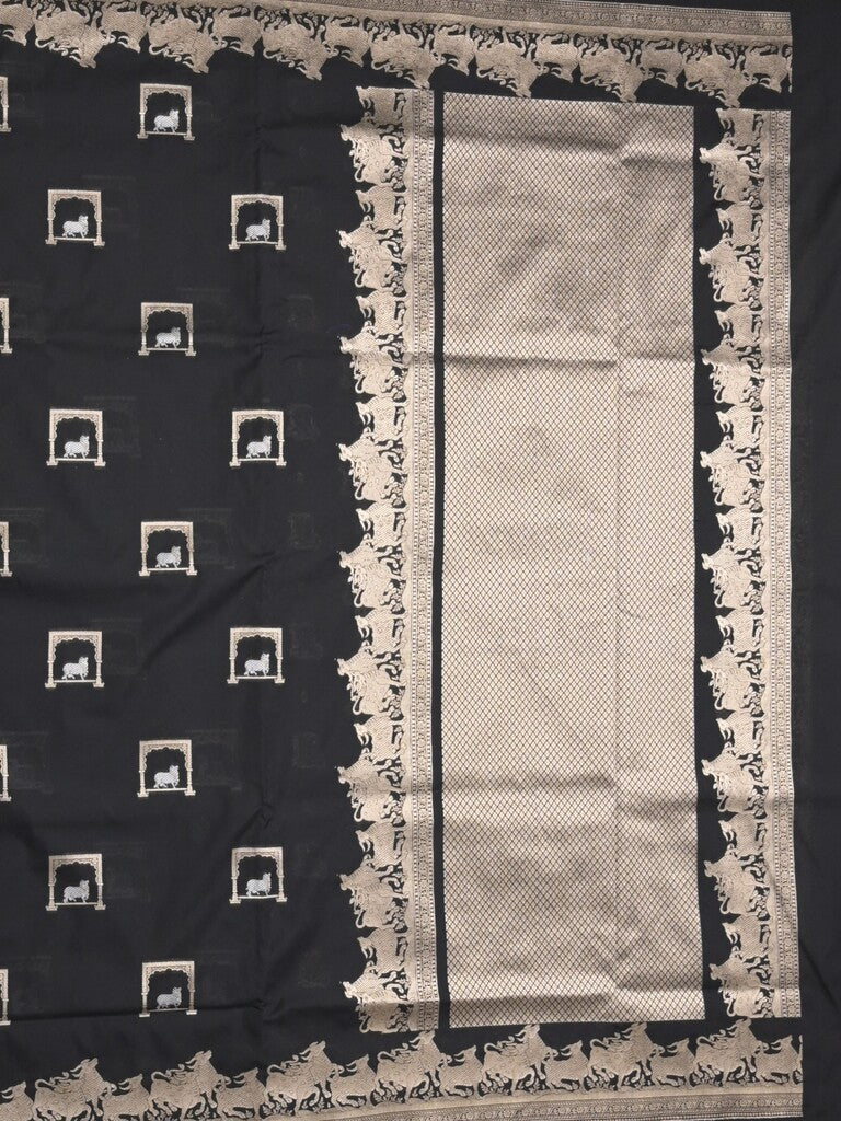 Raw mango fancy saree black color allover zari weaves & zari border with zari border and attached blouse