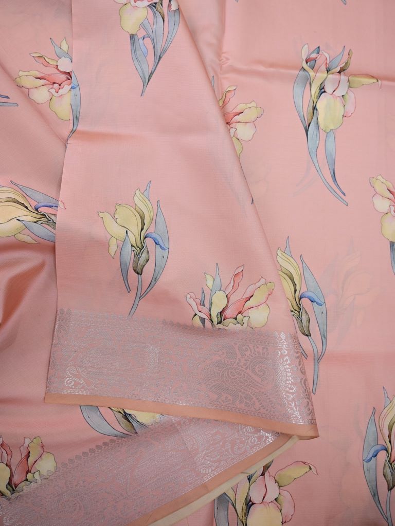 Banaras fancy saree peach color allover digital prints & zari border with short pallu and printed blouse