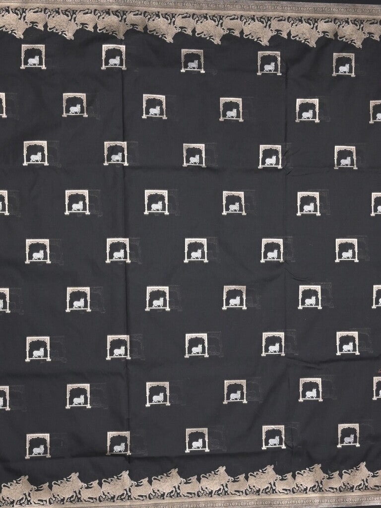 Raw mango fancy saree black color allover zari weaves & zari border with zari border and attached blouse