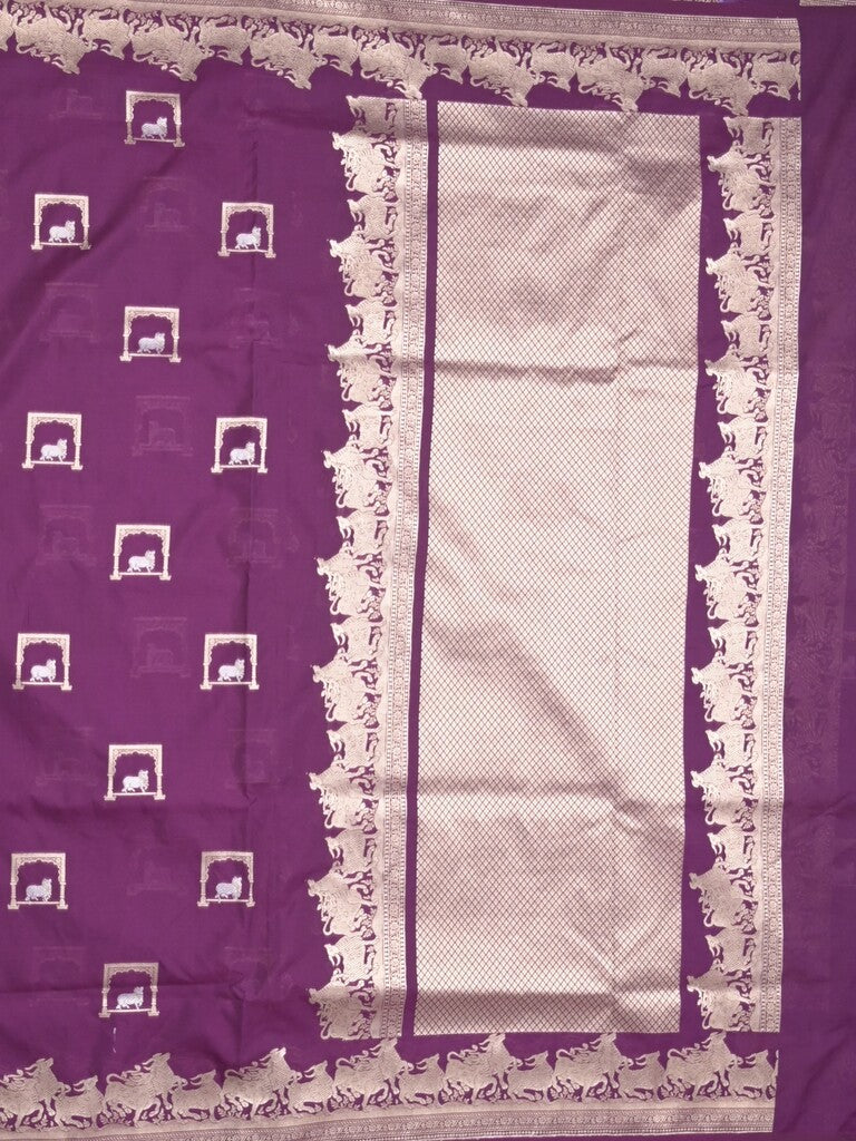 Raw mango fancy saree dark purple color allover zari weaves & zari border with zari border and attached blouse
