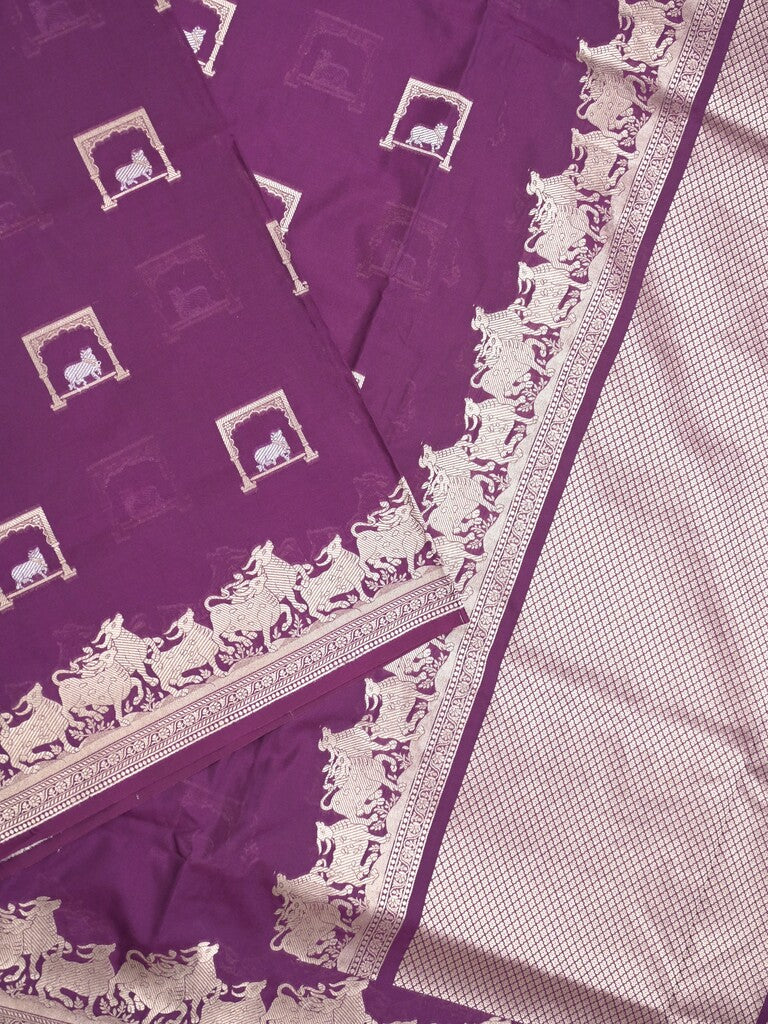 Raw mango fancy saree dark purple color allover zari weaves & zari border with zari border and attached blouse
