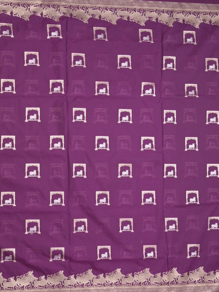 Raw mango fancy saree dark purple color allover zari weaves & zari border with zari border and attached blouse