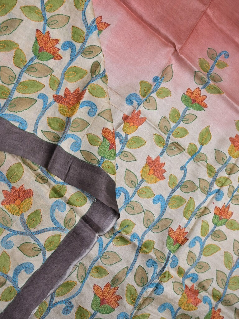 Pure tussar fancy saree peach and white color allover prints & small kaddi border with contrast pallu and attached printed blouse