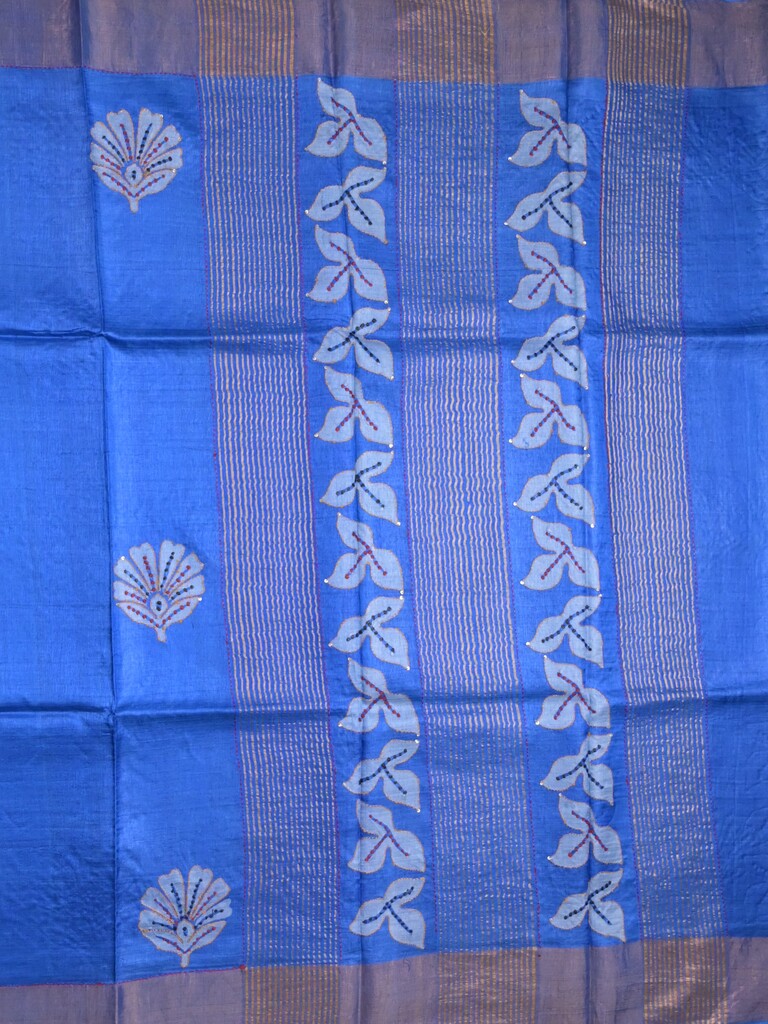 Pure tussar fancy saree sky blue color allover prints & small kaddi border with contrast pallu and attached plain blouse