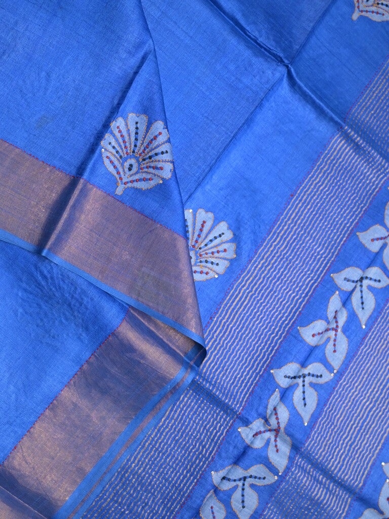 Pure tussar fancy saree sky blue color allover prints & small kaddi border with contrast pallu and attached plain blouse