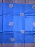 Pure tussar fancy saree sky blue color allover prints & small kaddi border with contrast pallu and attached plain blouse