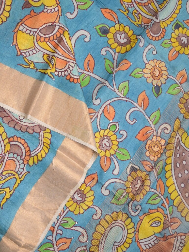 Pure tussar fancy saree light blue color allover prints & small kaddi border with contrast pallu and attached plain blouse