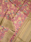 Pure tussar fancy saree peach color allover prints & small kaddi border with contrast pallu and attached plain blouse