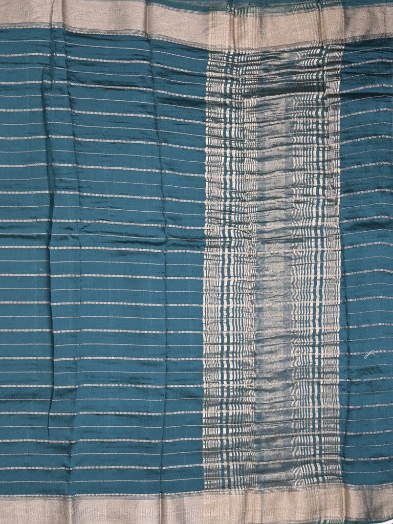 Dola silk fancy saree peacock blue color allover zari weaves & small kaddi border with short pallu and running blouse