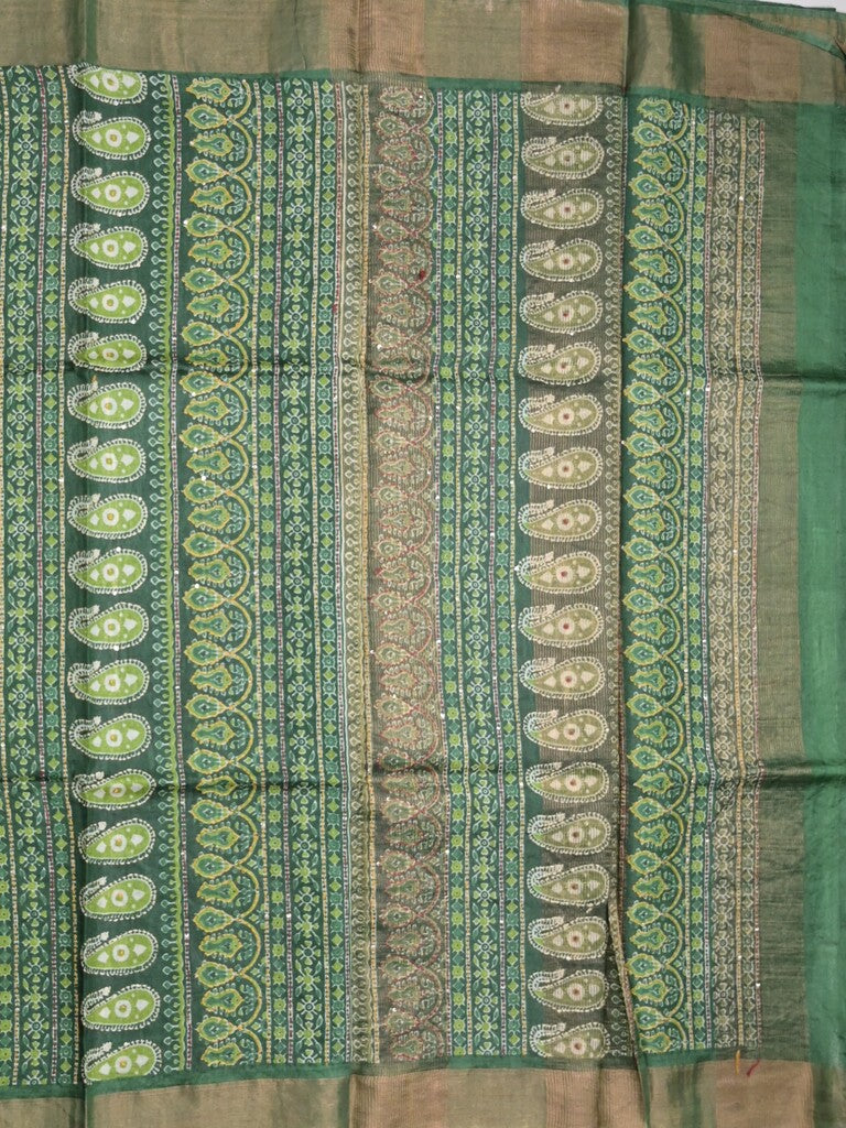 Pure tussar fancy saree parrot green color allover prints & small kaddi border with contrast pallu and attached plain blouse