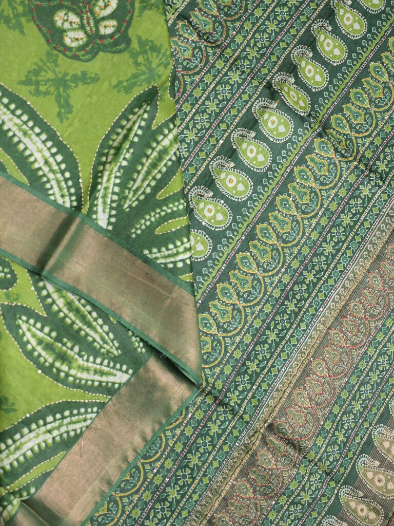 Pure tussar fancy saree parrot green color allover prints & small kaddi border with contrast pallu and attached plain blouse