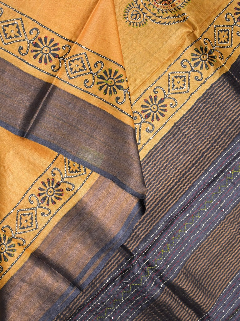 Pure tussar fancy saree golden yellow color allover prints & small kaddi border with contrast pallu and attached plain blouse