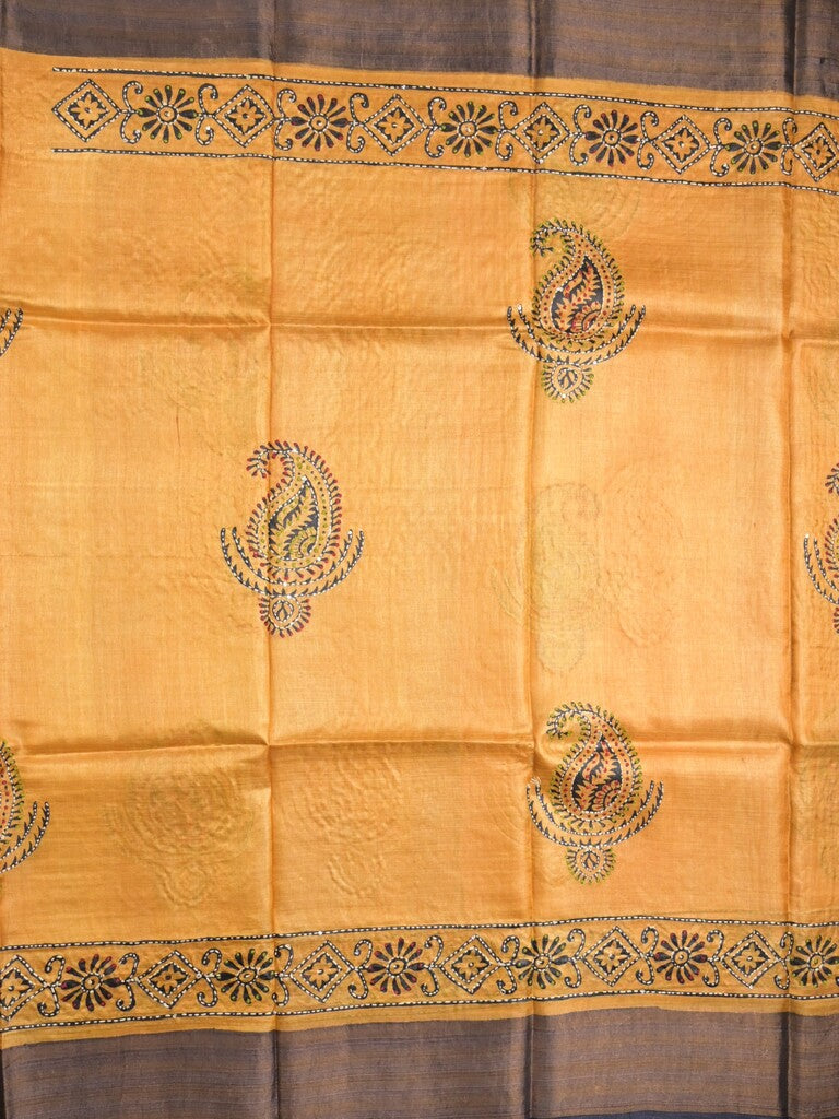 Pure tussar fancy saree golden yellow color allover prints & small kaddi border with contrast pallu and attached plain blouse