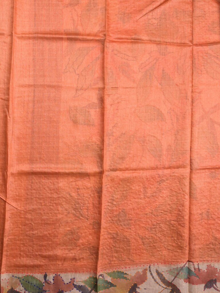 Pure tussar fancy saree light orange color allover prints & small kaddi border with contrast pallu and attached plain blouse