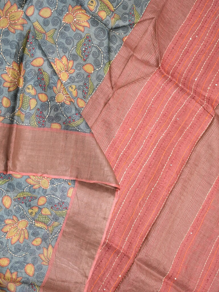 Pure tussar fancy saree grey color allover prints & small kaddi border with contrast pallu and attached plain blouse