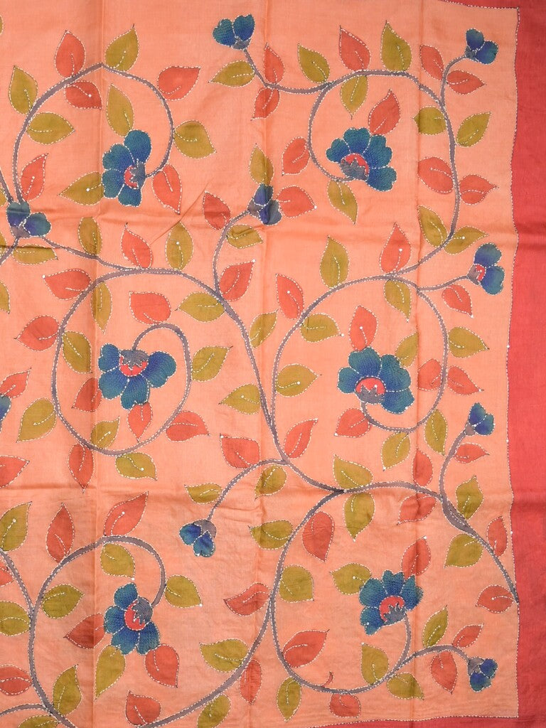 Pure tussar fancy saree peach color allover prints & small kaddi border with running pallu and attached plain blouse