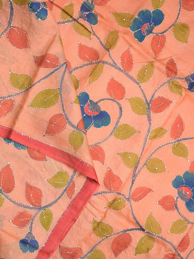 Pure tussar fancy saree peach color allover prints & small kaddi border with running pallu and attached plain blouse