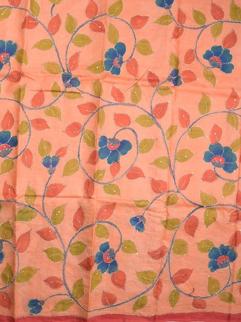 Pure tussar fancy saree peach color allover prints & small kaddi border with running pallu and attached plain blouse