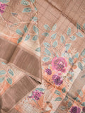 Pure tussar fancy saree beige color allover prints & small kaddi border with short pallu and attached blouse