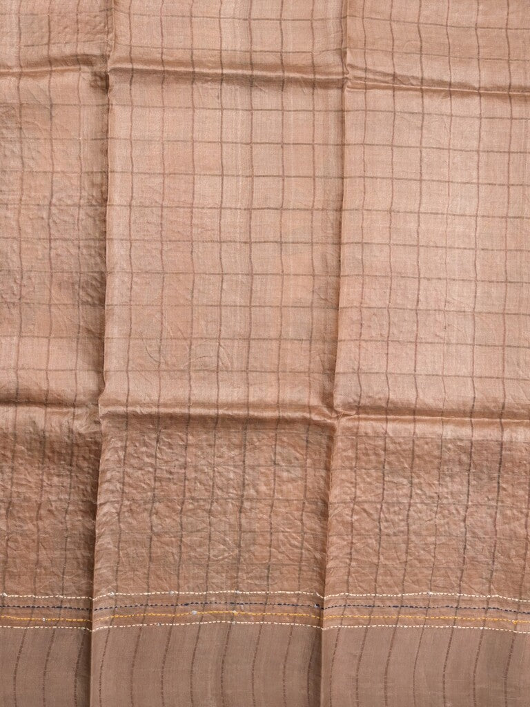 Pure tussar fancy saree beige color allover prints & small kaddi border with short pallu and attached blouse