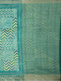 Maheswari fancy saree leaf green color allover digital prints & zari border with striped pallu and printed blouse