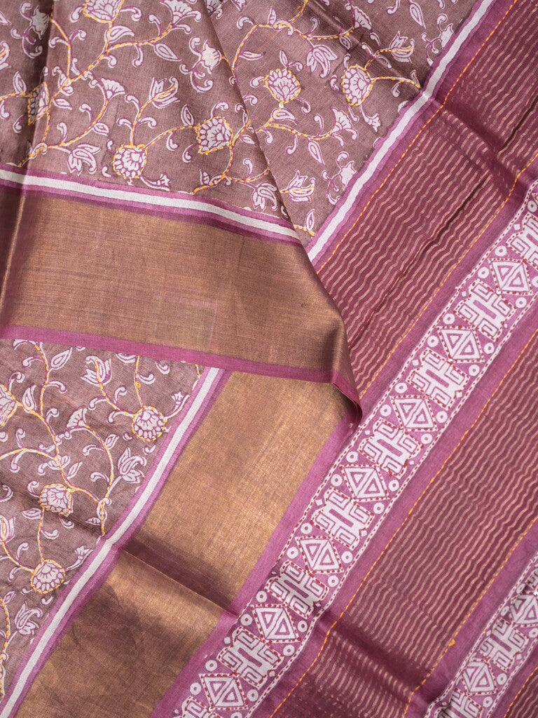 Pure tussar fancy saree light purple color allover prints & small kaddi border with contrast pallu and attached plain blouse