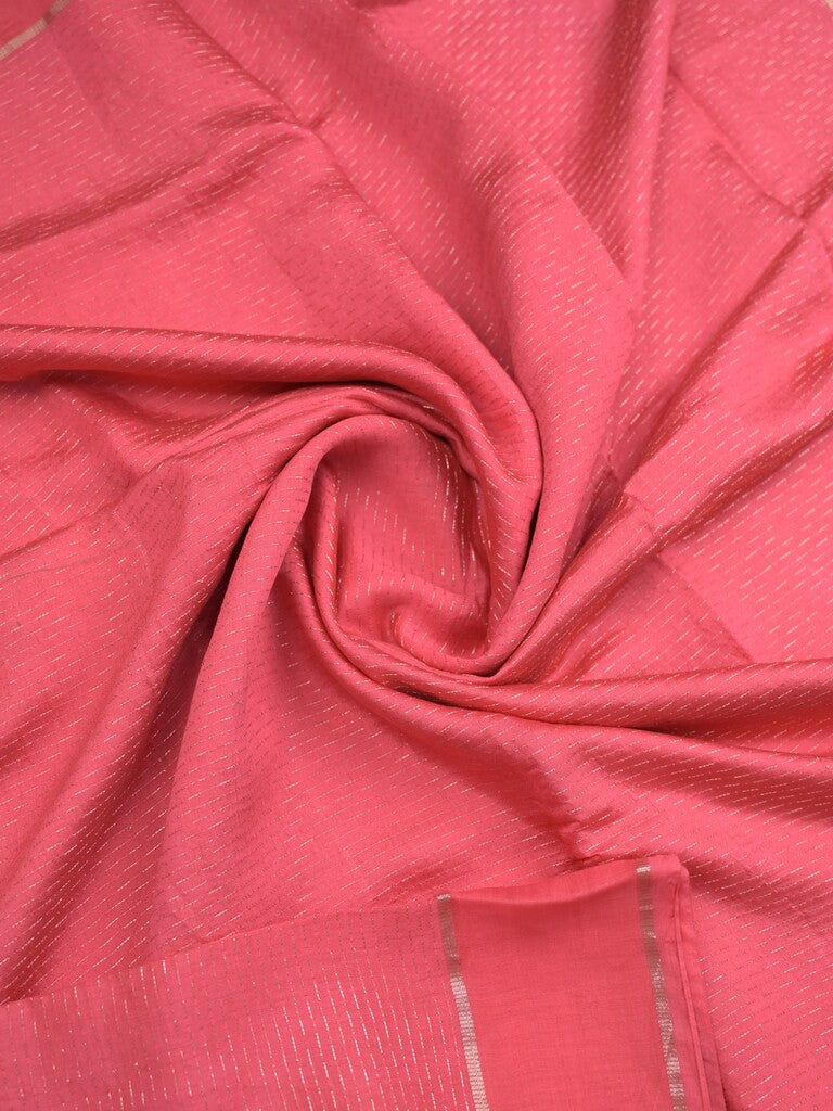 Dola silk fancy saree rose pink color allover zari weaves & small kaddi border with short pallu and running blouse