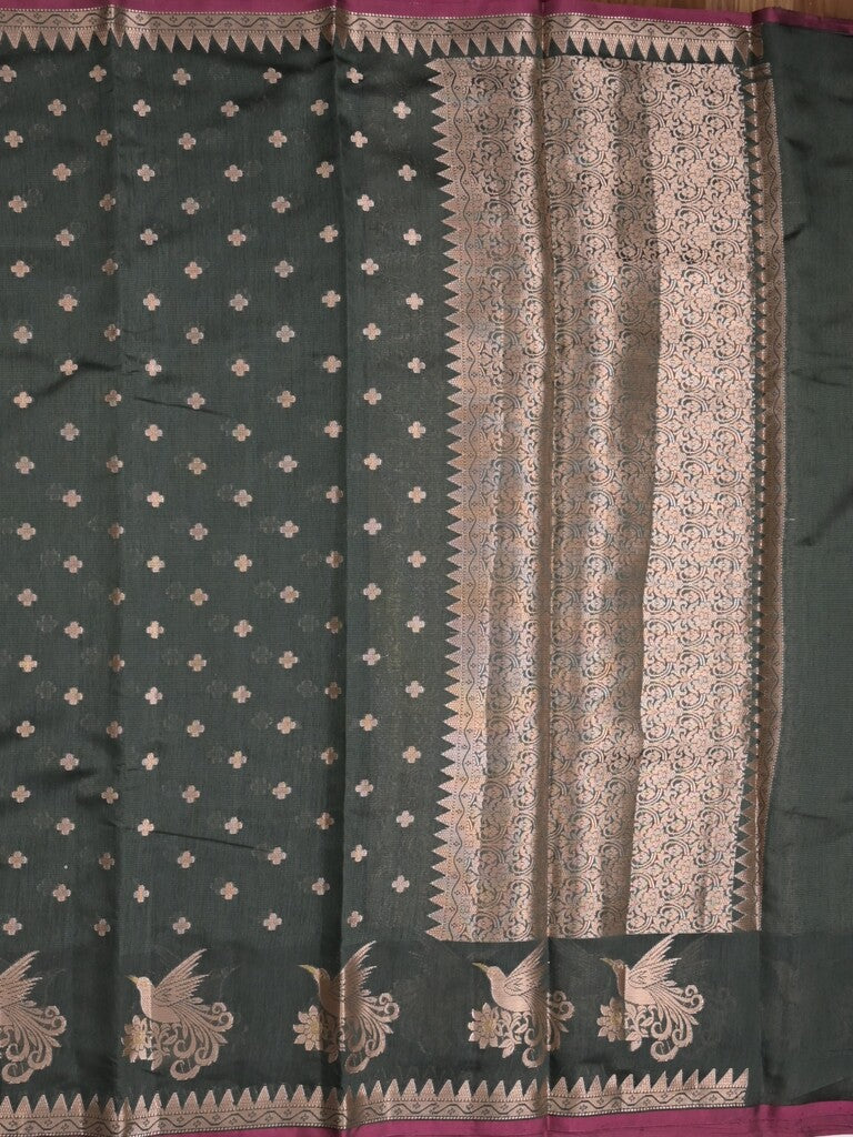 Chanderi fancy saree dark grey color allover zari motifs & small zari border with zari pallu and brocade blouse