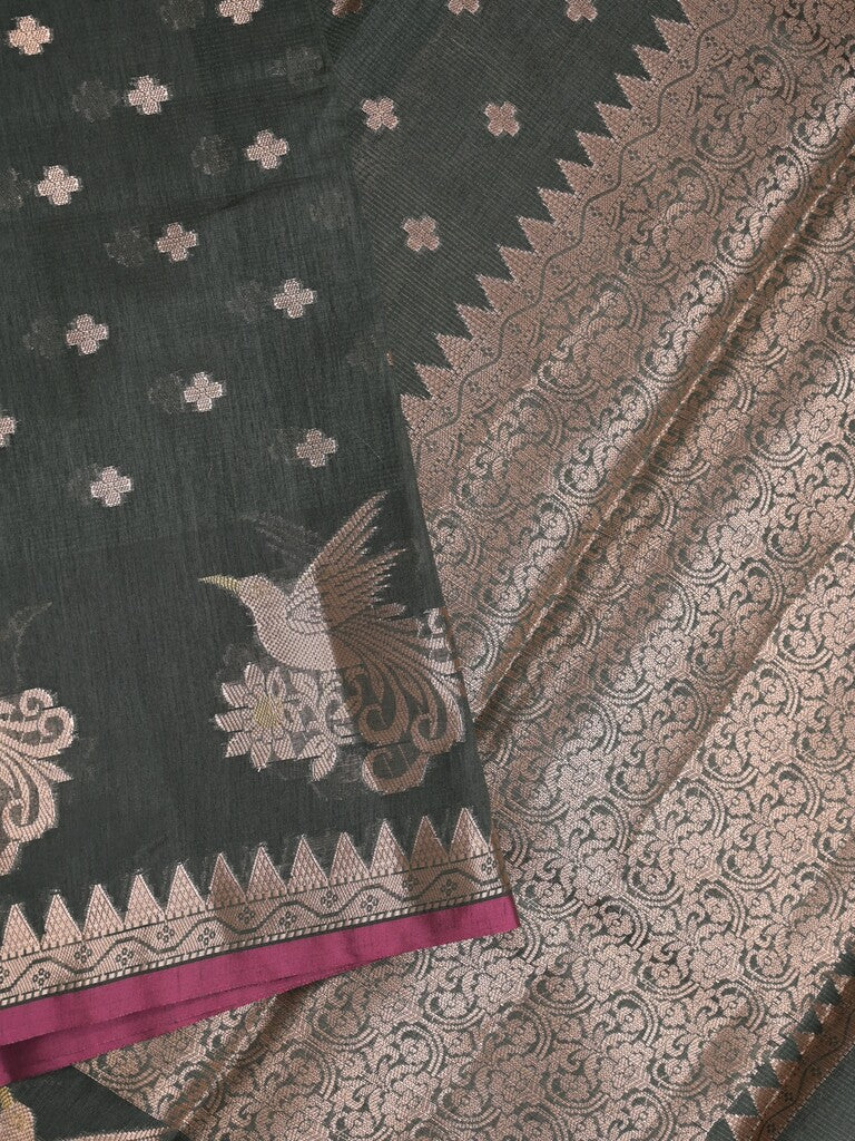 Chanderi fancy saree dark grey color allover zari motifs & small zari border with zari pallu and brocade blouse