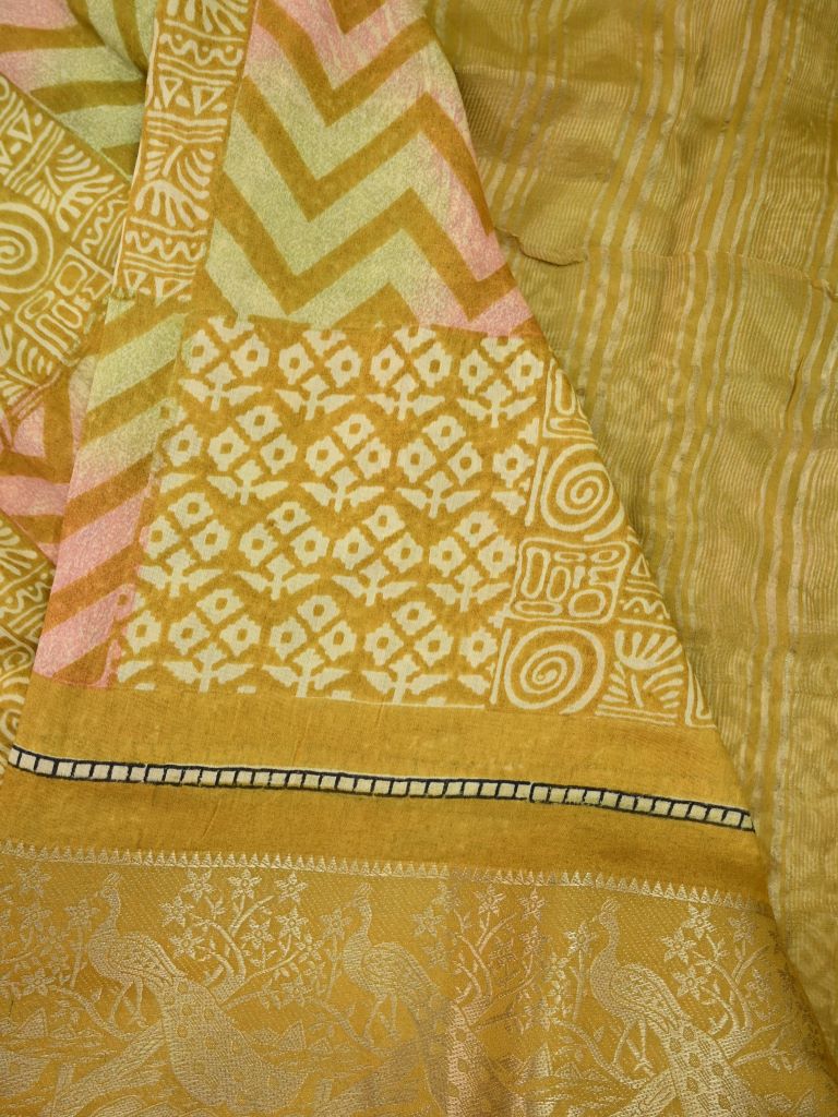 Maheswari fancy saree golden yellow color allover digital prints & zari border with striped pallu and printed blouse