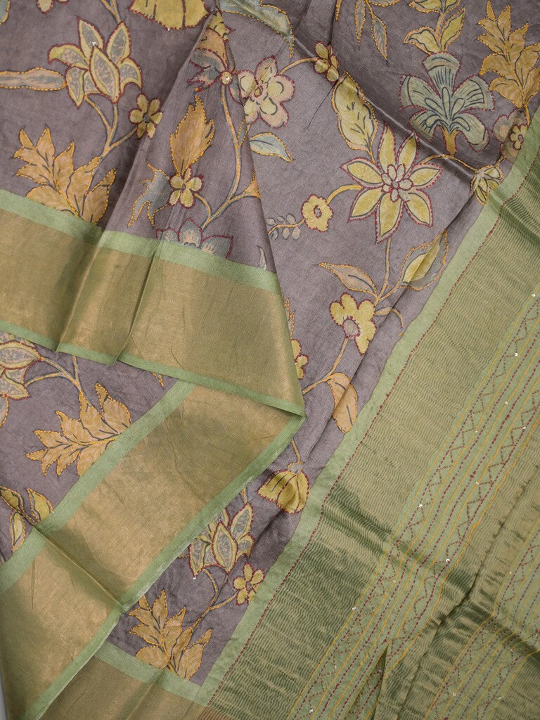 Pure tussar fancy saree grey color allover prints & small kaddi border with contrast pallu and attached plain blouse