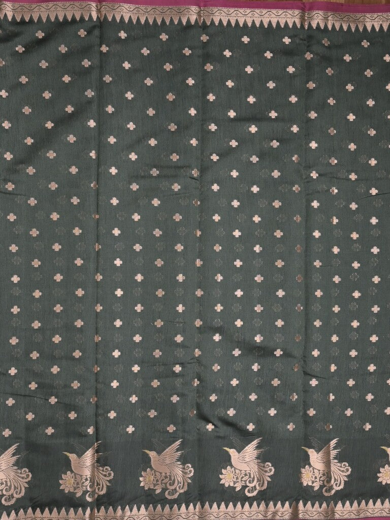 Chanderi fancy saree dark grey color allover zari motifs & small zari border with zari pallu and brocade blouse