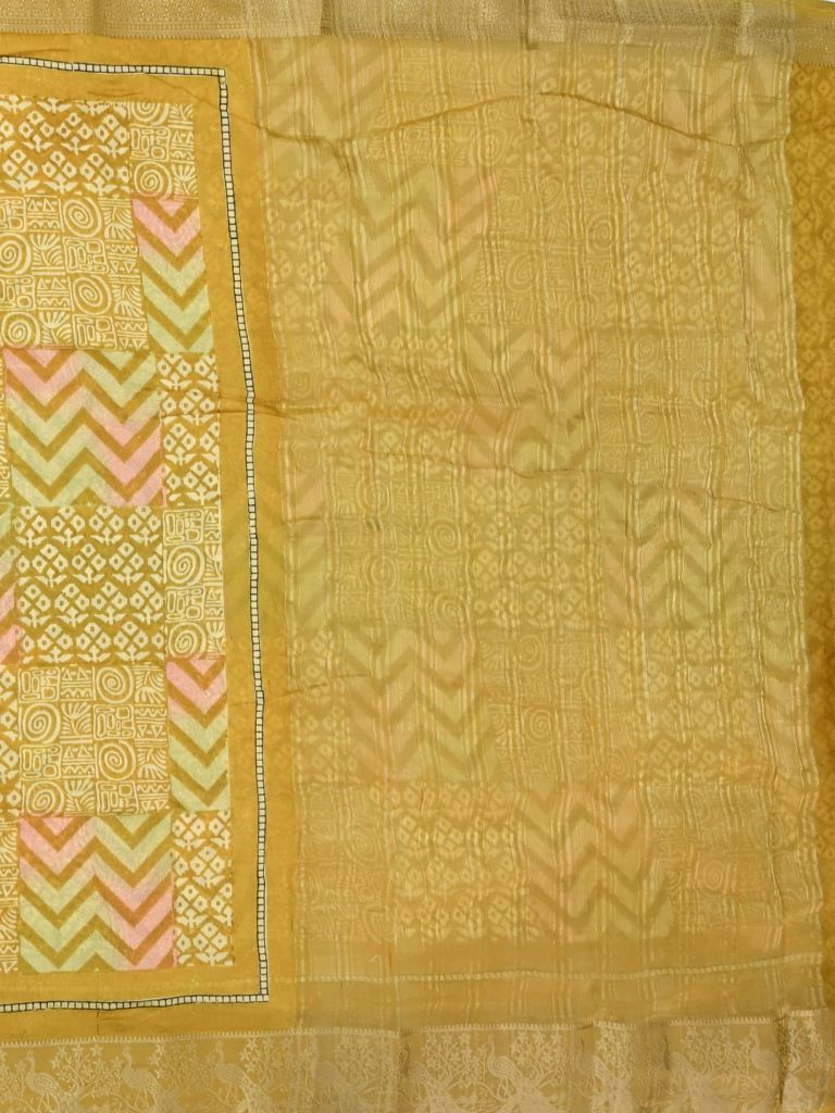 Maheswari fancy saree golden yellow color allover digital prints & zari border with striped pallu and printed blouse