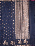 Chanderi fancy saree navy blue color allover zari motifs & small zari border with zari pallu and brocade blouse