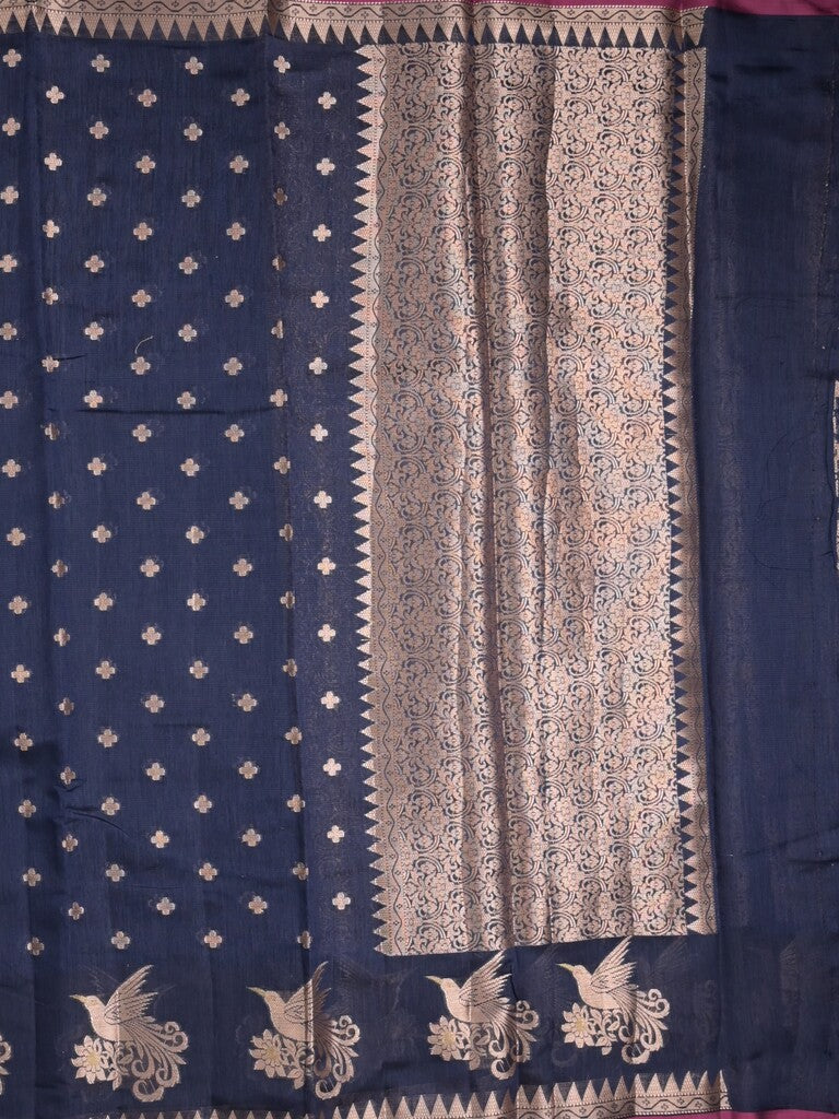 Chanderi fancy saree navy blue color allover zari motifs & small zari border with zari pallu and brocade blouse