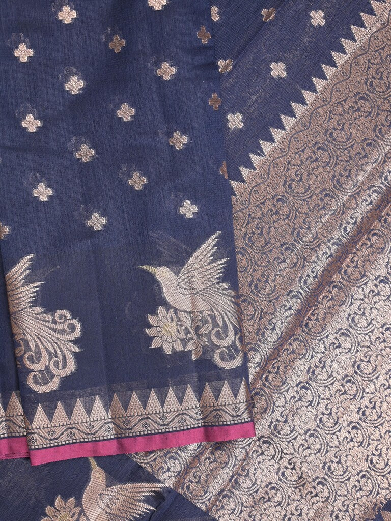 Chanderi fancy saree navy blue color allover zari motifs & small zari border with zari pallu and brocade blouse
