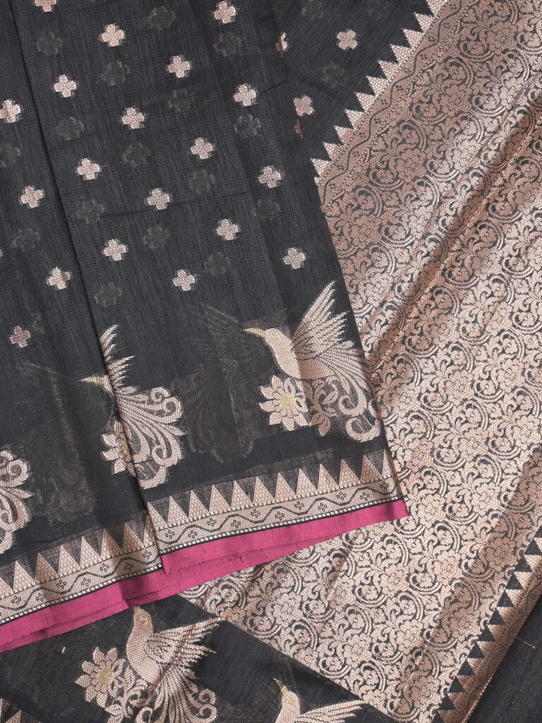 Chanderi fancy saree black color allover zari motifs & small zari border with zari pallu and brocade blouse