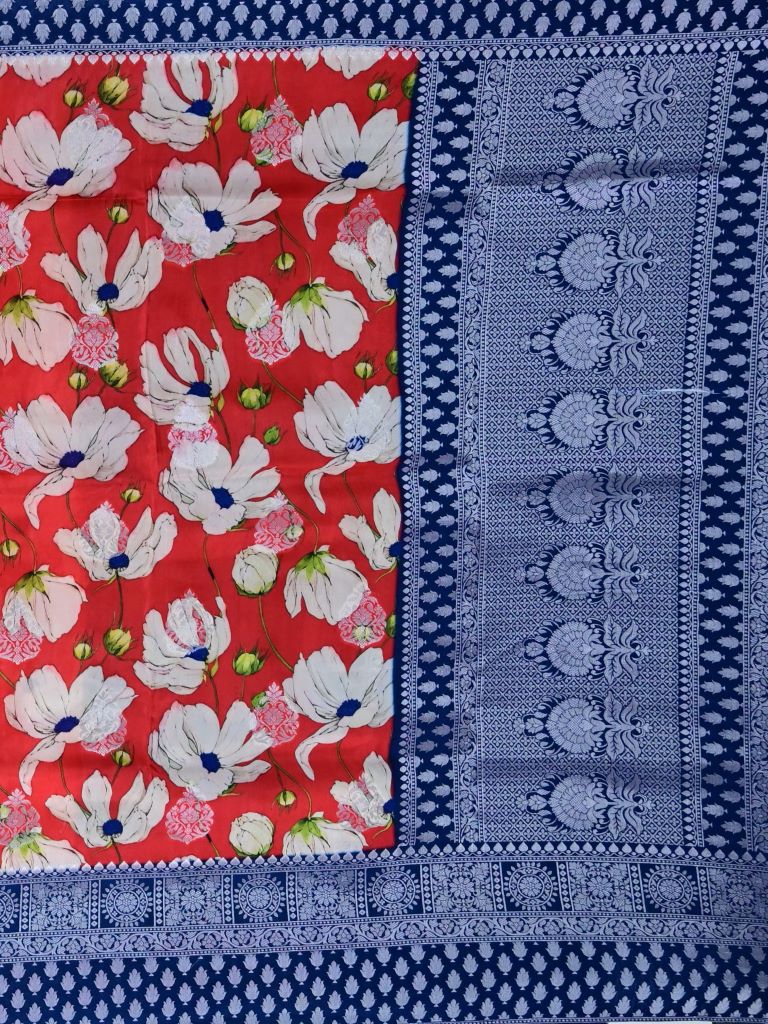 Dola silk fancy saree red color allover prints & big zari border with rich pallu and plain contrast blouse